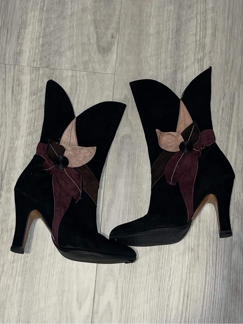 Black Suede Women's Floral Accent Ankle Boots